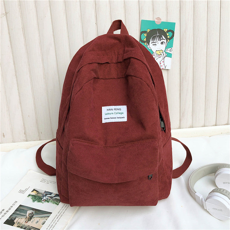 Versatile Simple Corduroy Backpack With Double Shoulders And Large Capacity
