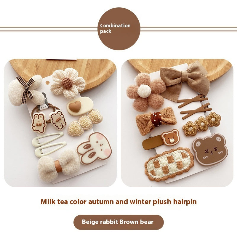 Korean Style All-match Milk Tea Color Autumn And Winter Plush Cute Flowers Barrettes Brown Bow Girl's Heart Hairpin