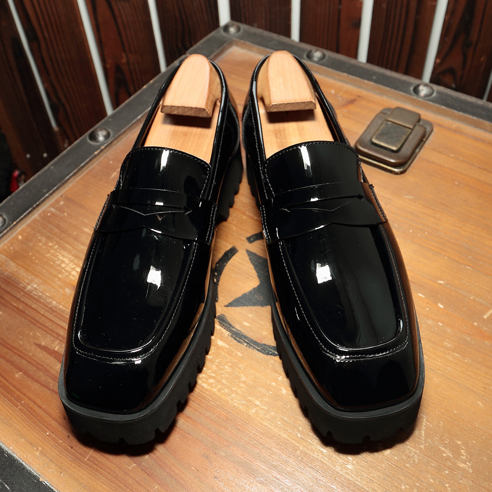 Slip-on Square-toed Black Patent Leather Men's Trendy Shoes