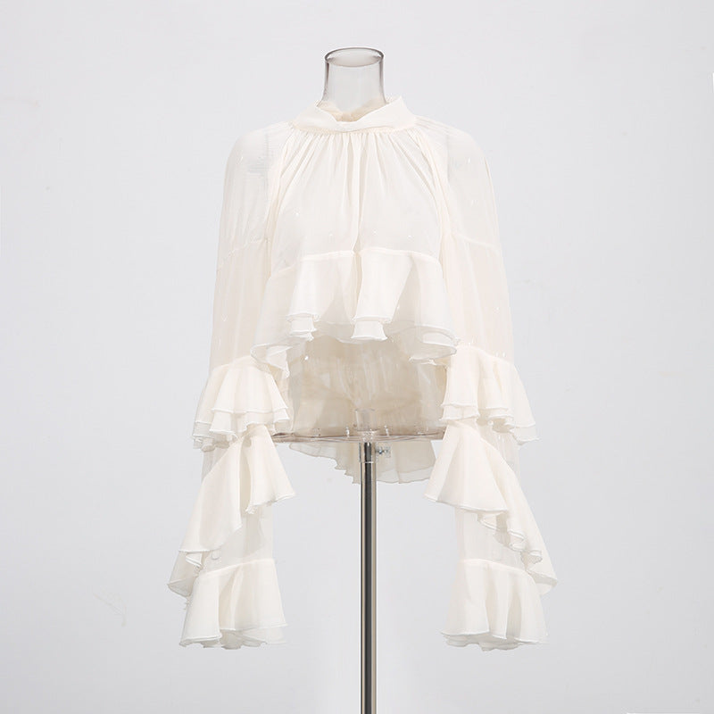 Fashion Casual Long Sleeve Layered Ruffled Short Chiffon Shirt
