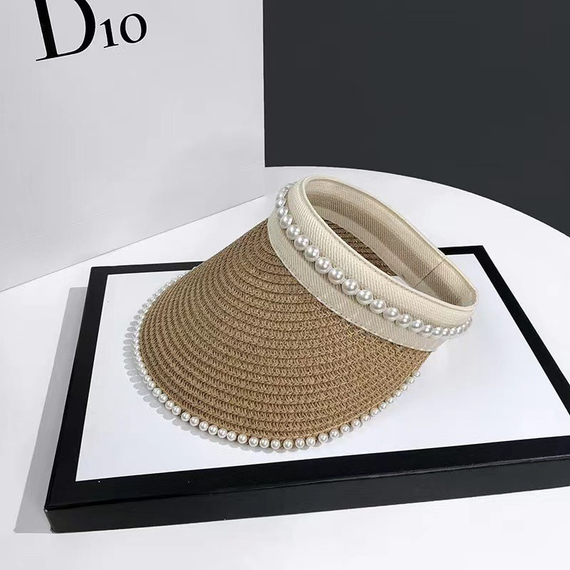 Empty Top Sunshade Pearl Straw Hat Women Lace