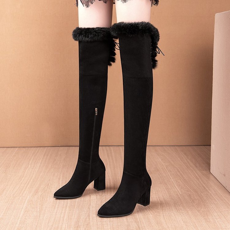 Plus Velvet Autumn Thick Heel High Pointed Toe Stretch Boots