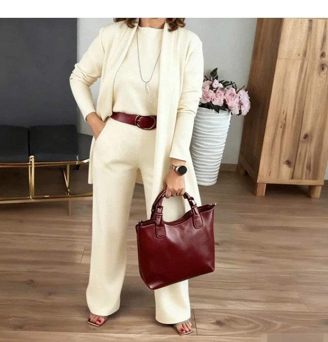 Womens 3-Piece Solid-Color Crew-Neck Long-Sleeve Top Set
