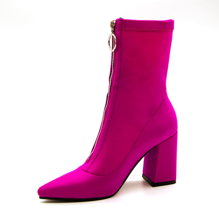 Short Boots Summer Breathable Stretch Boots High Heel Chunky Heel Pointed Toe Front Zipper Fashionable Boots Large Size Shoes