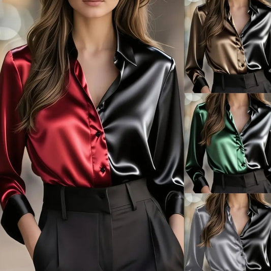 Elegant And Fashionable Double-tone Lapel Button-up Shirt For Women