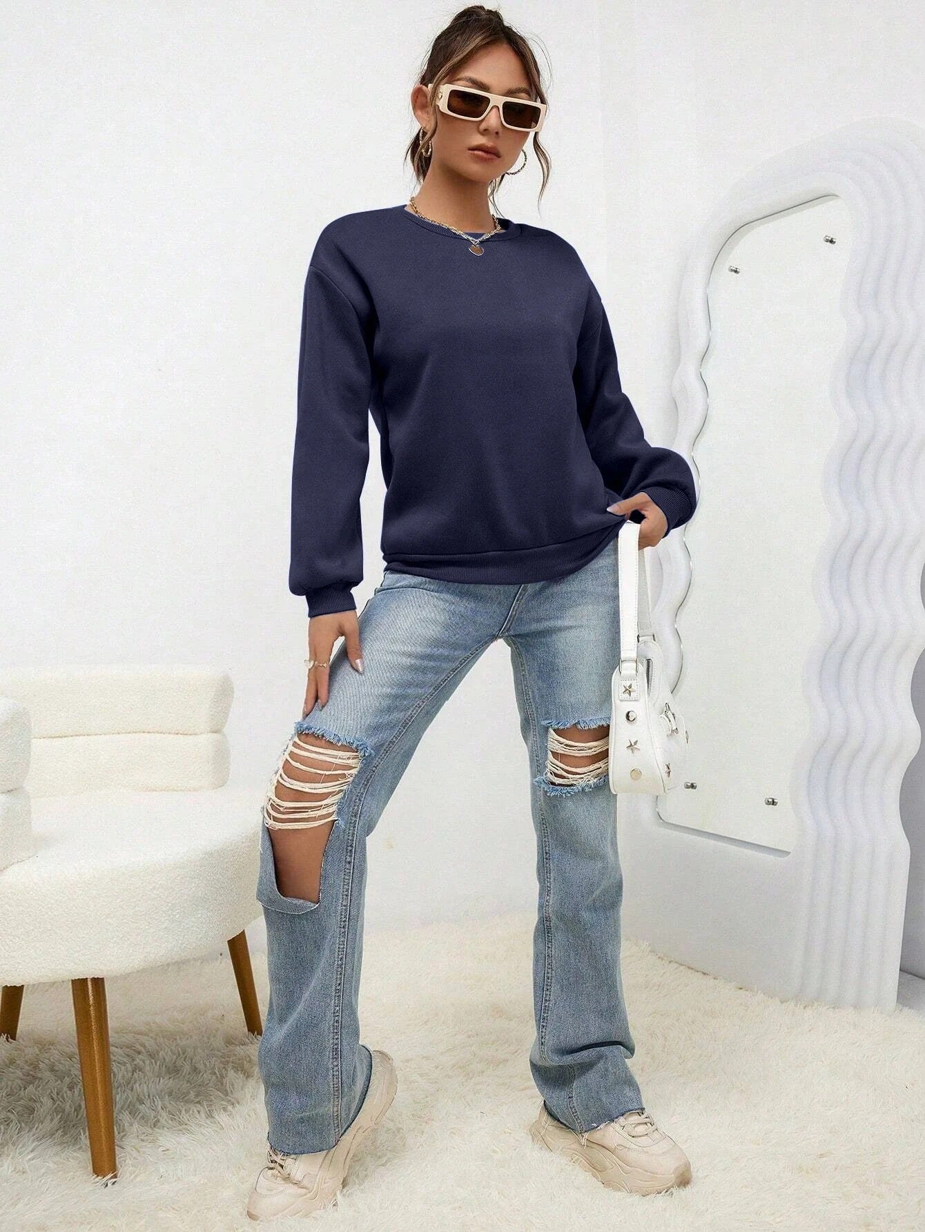 Solid Color Womens Sweatshirt Casual Comfortable And Loose Fitting Sporty Top