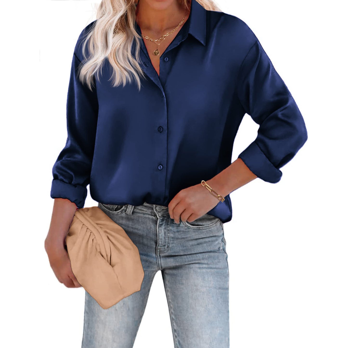 Women's Satin Silk Button Shirt European And American Leisure Loose Long Sleeve Satin Top