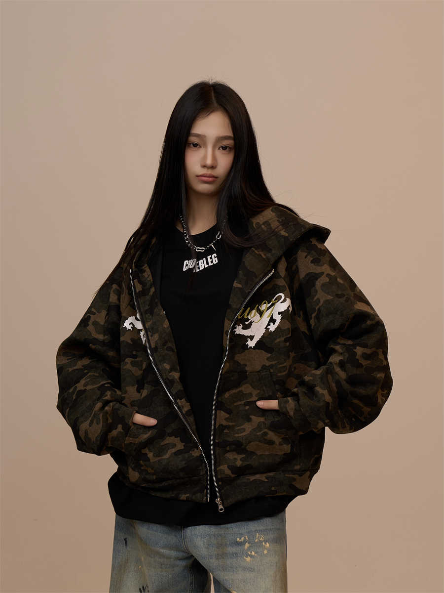 Camouflage Hooded Sweater Cardigan Female Baggy Coat