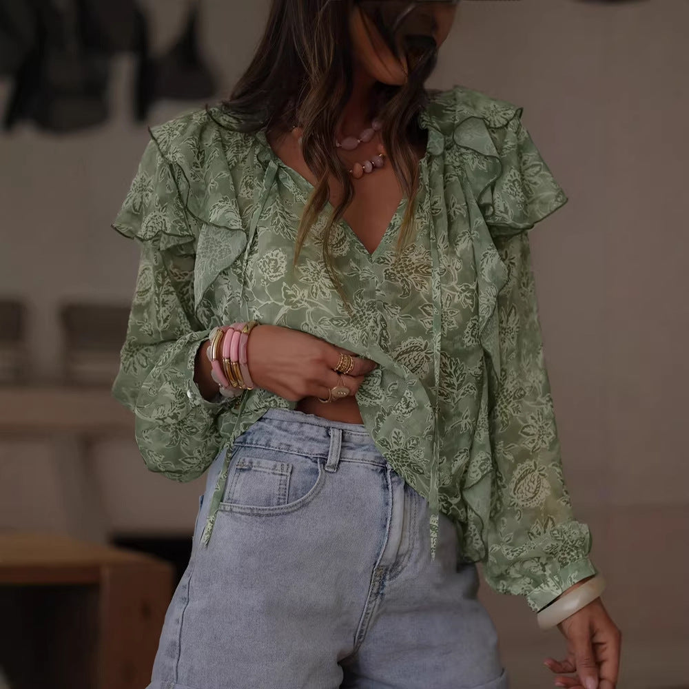 Womens Floral Print V-Neck Long-Sleeve Patchwork Ruffle-Trim Loose Shirt