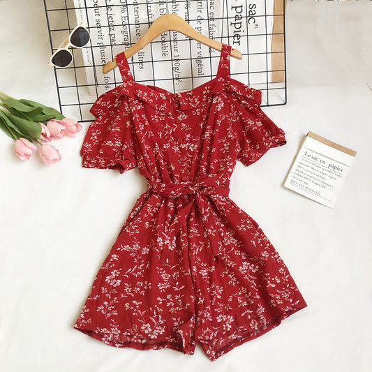 Sling Daisy Print Short Sleeve High Waist Wide Leg Jumpsuit