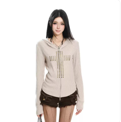 Rivet Cross Hooded Long-Sleeve Versatile Cropped Zip-Up Top