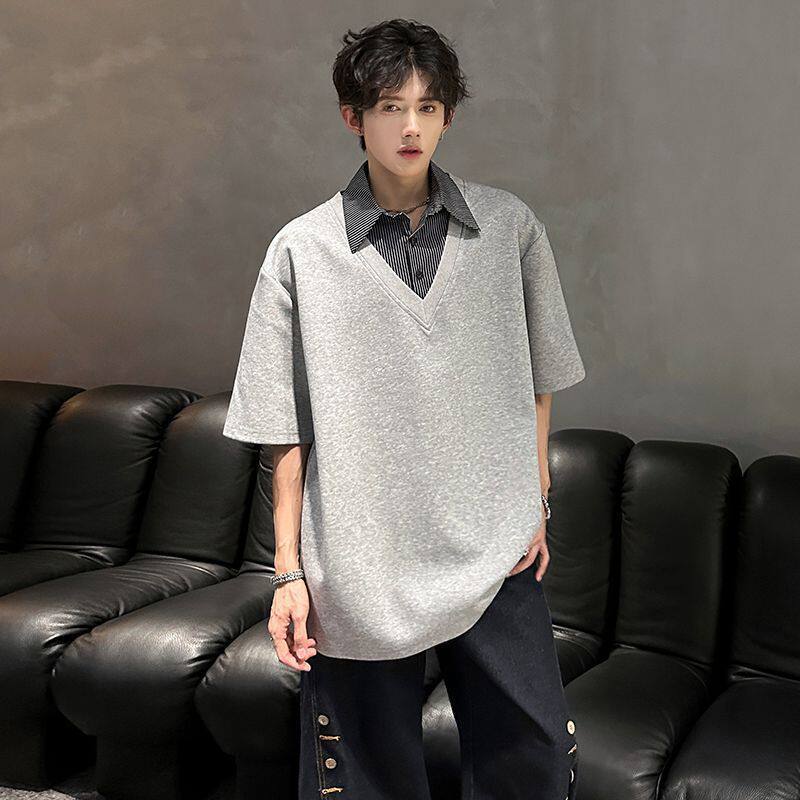 Casual Style Fake Two-Piece Shirt Collar Short-Sleeve Top For Men