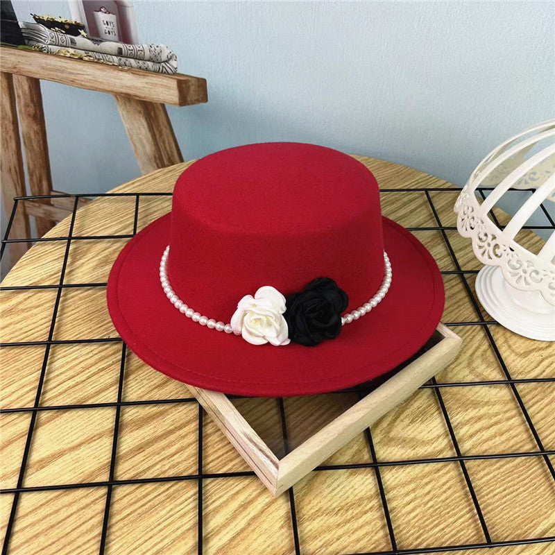 Vintage Hattedame Perlekæde Blomster Uld Flad Hat