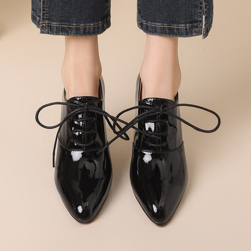 High Heel Lace-up Authentic Leather British Style Pointed Leather Shoes Mid Heel Loafers