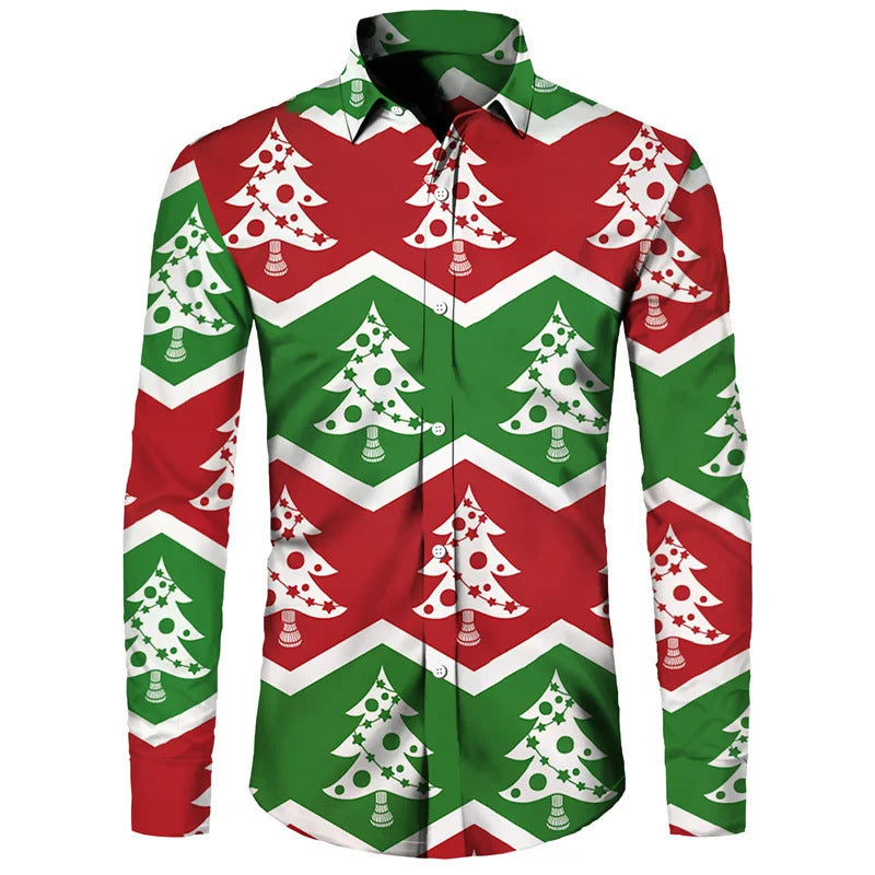Funny Christmas Theme Digital 3D Printing Men's Button Lining Casual Long Sleeve