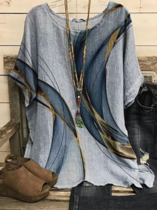 New Casual Loose Printed Crew Neck Top