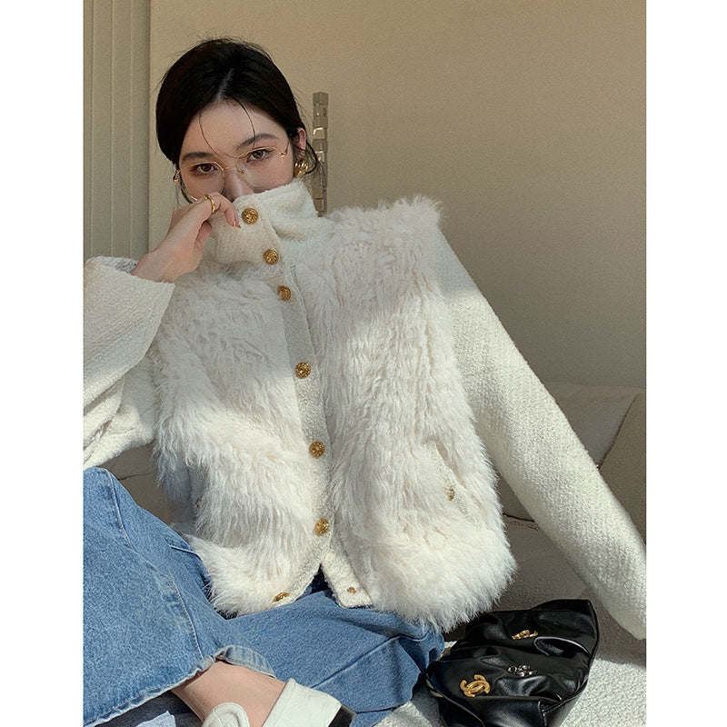 Temperament Small Fragrant Gold Buckle Tweed Faux Fur Coat