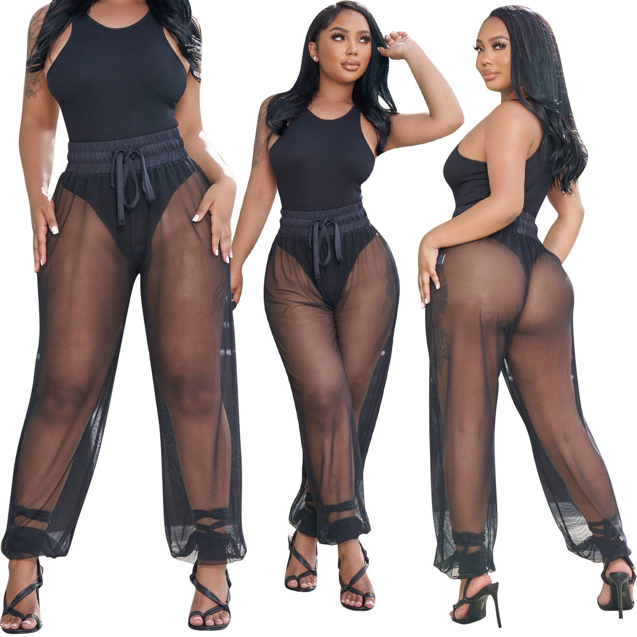 Hole-ribbed Tank Top And Mesh Pants Two-piece Set