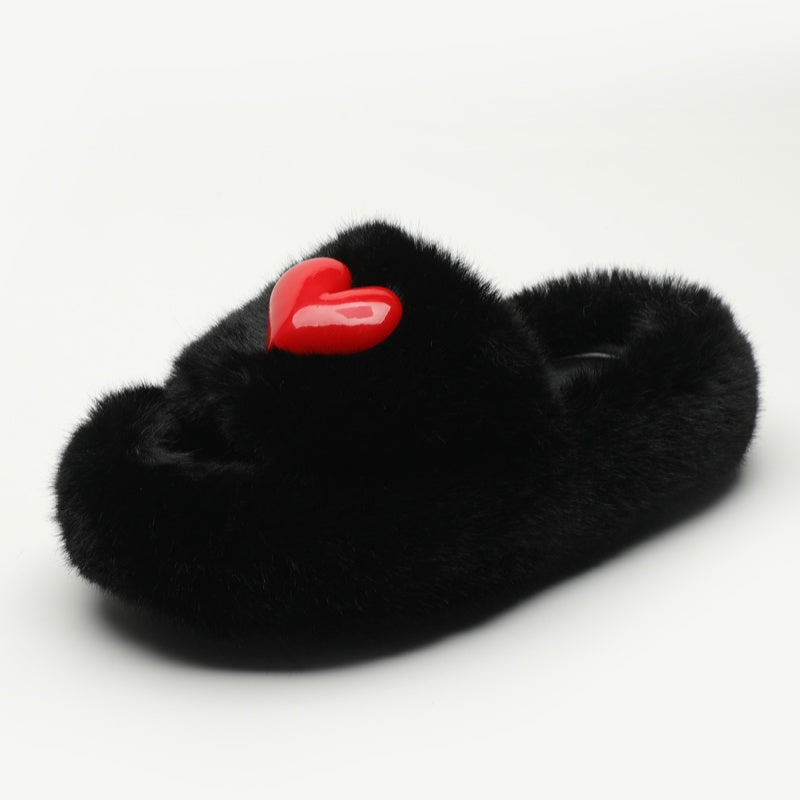 Heart-shaped Thick Bottom Fluffy Slippers Women's Outer Wear New Autumn And Winter Fleece-lined