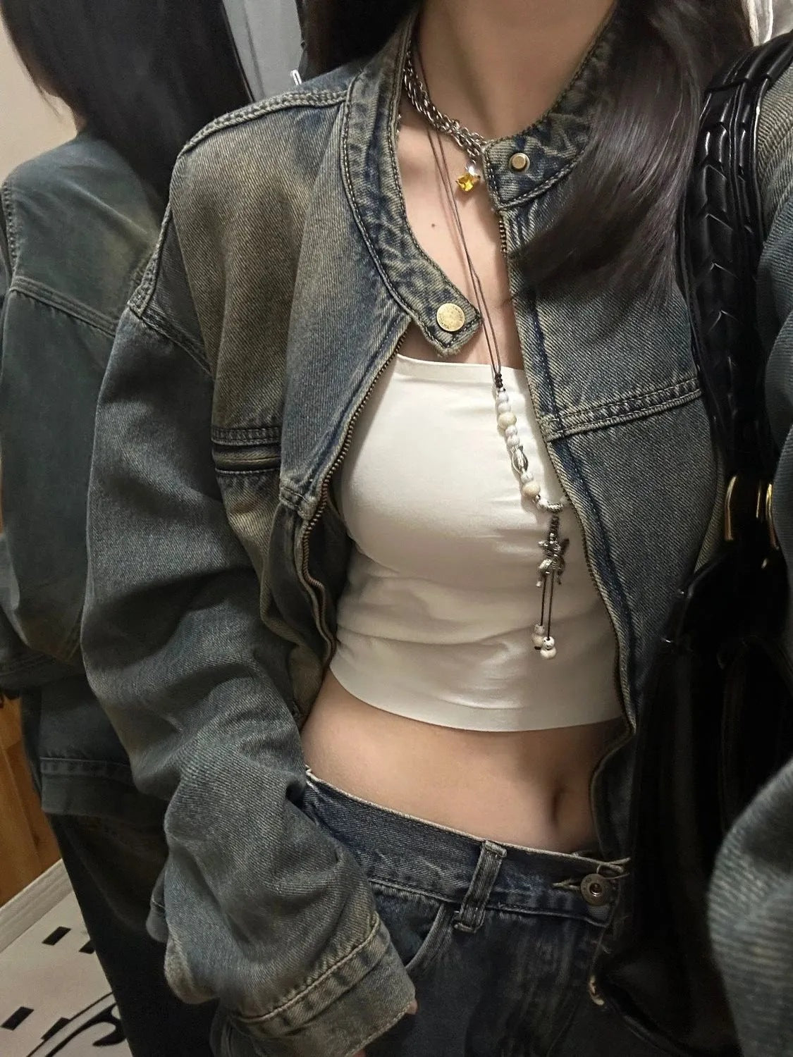 Womens Vintage Washed Distressed Denim Jacket