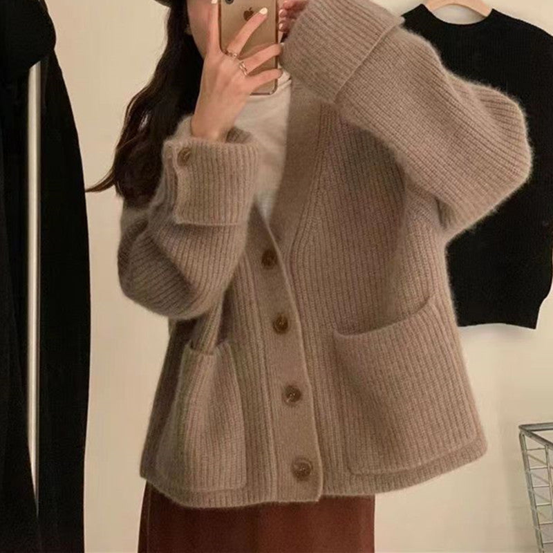 V-neck Soft Glutinous Sweater Single-breasted Loose Knitted Coat
