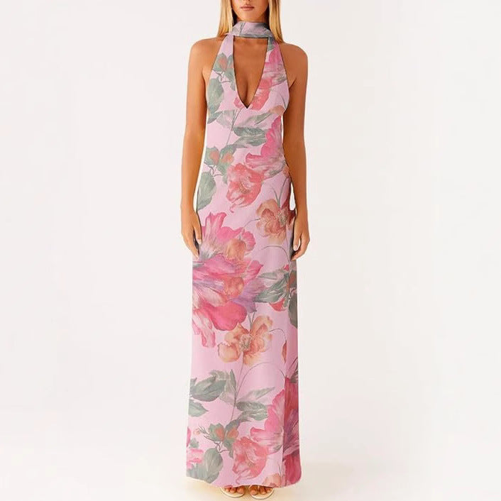 Womens Floral Halterneck Deep V-Neck Backless Bodycon Maxi Dress