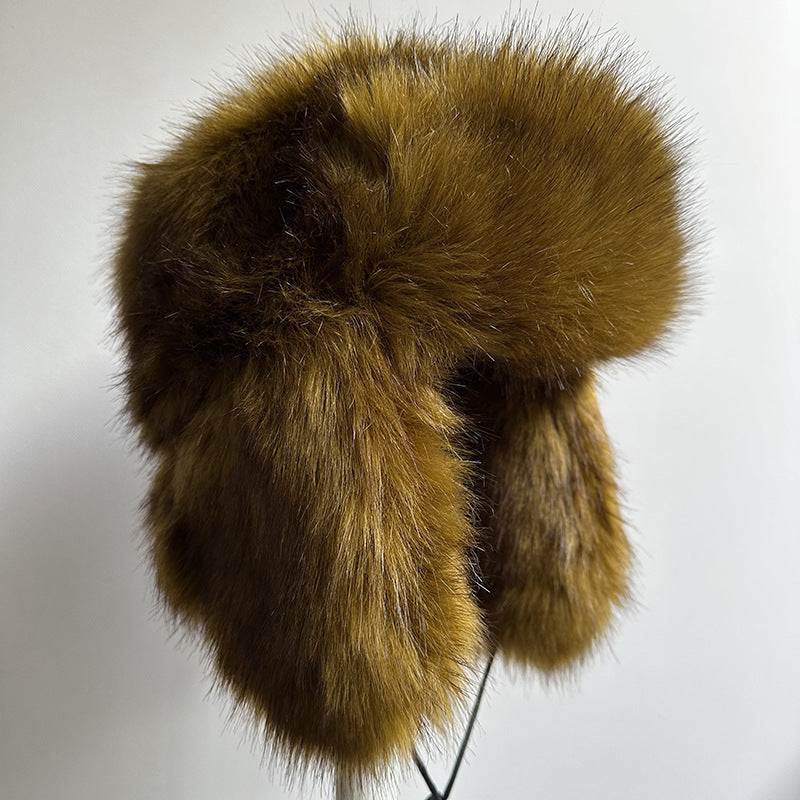 Outdoor Warm Thickened Earflap Hat With Integrated Fur And Fleece