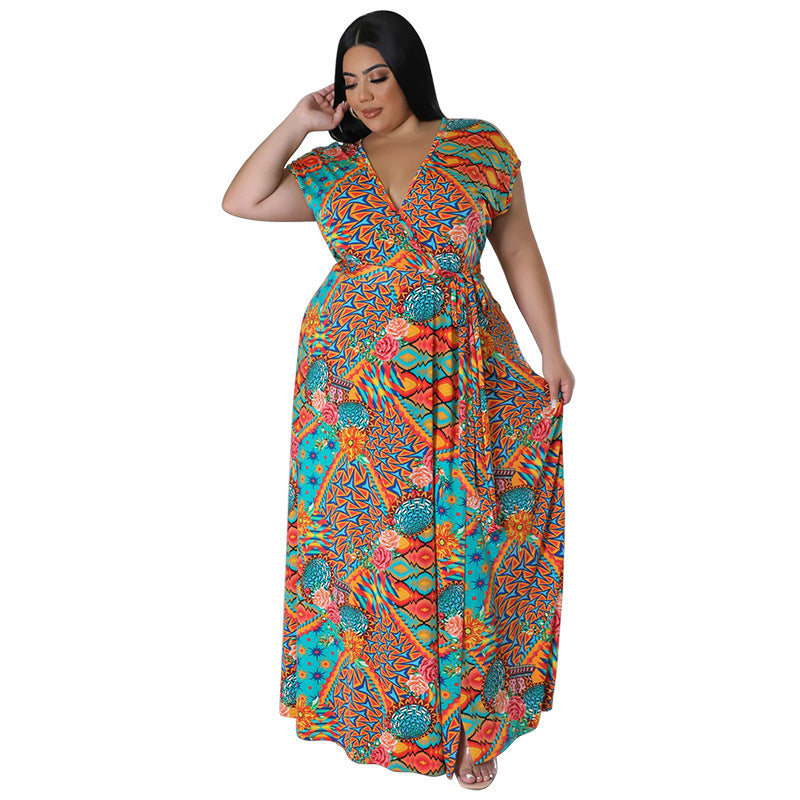 Persian-style V-neck Short-sleeve Split Maxi Dress In Plus Sizes