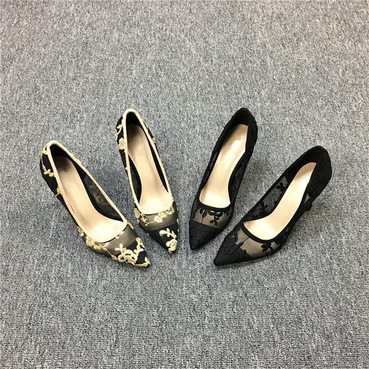 Shallow High Heels Stiletto Pointed Flower Mesh Lace All-match Single Shoes