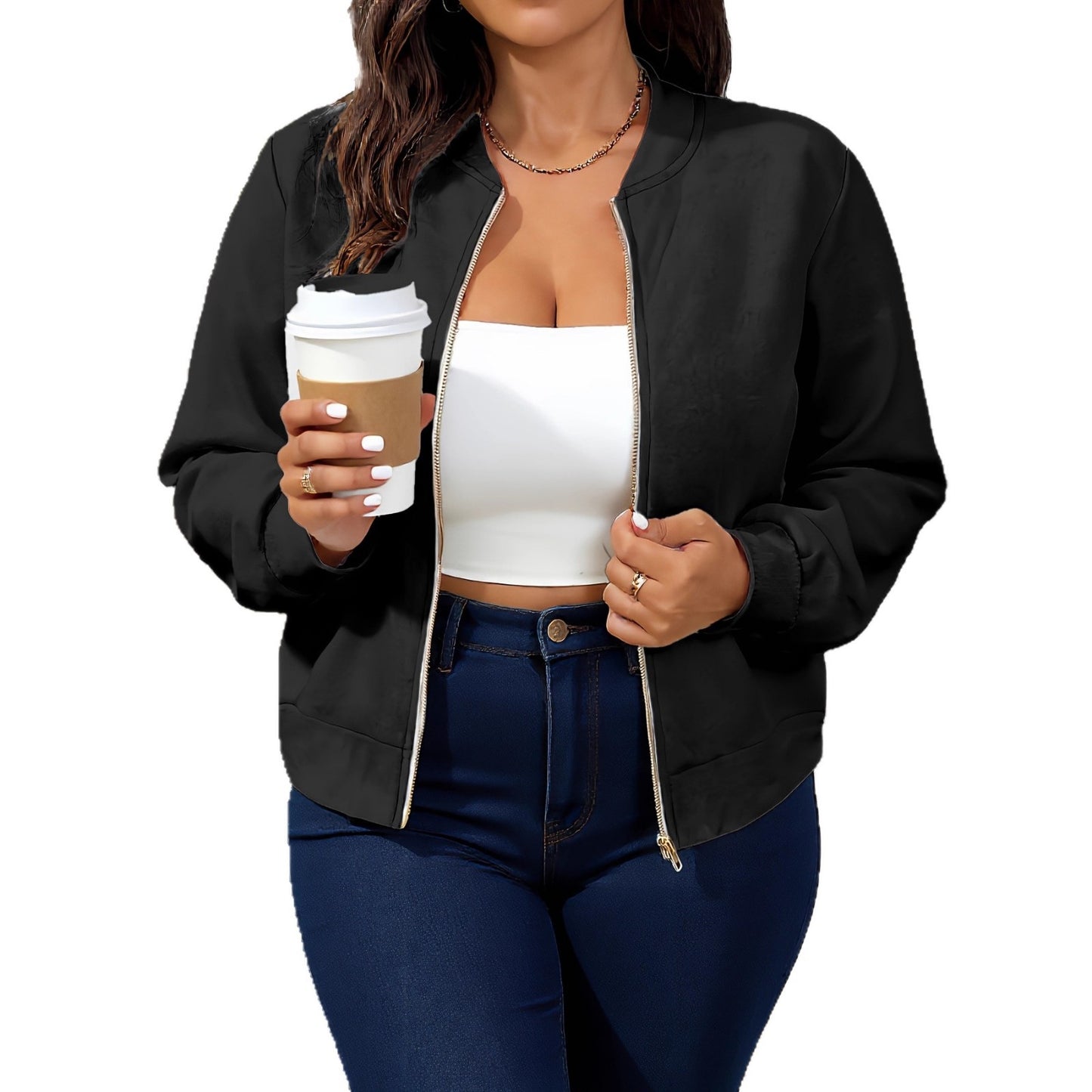 Women's New Solid-Colored Zip-Up Baseball Collar Jacket