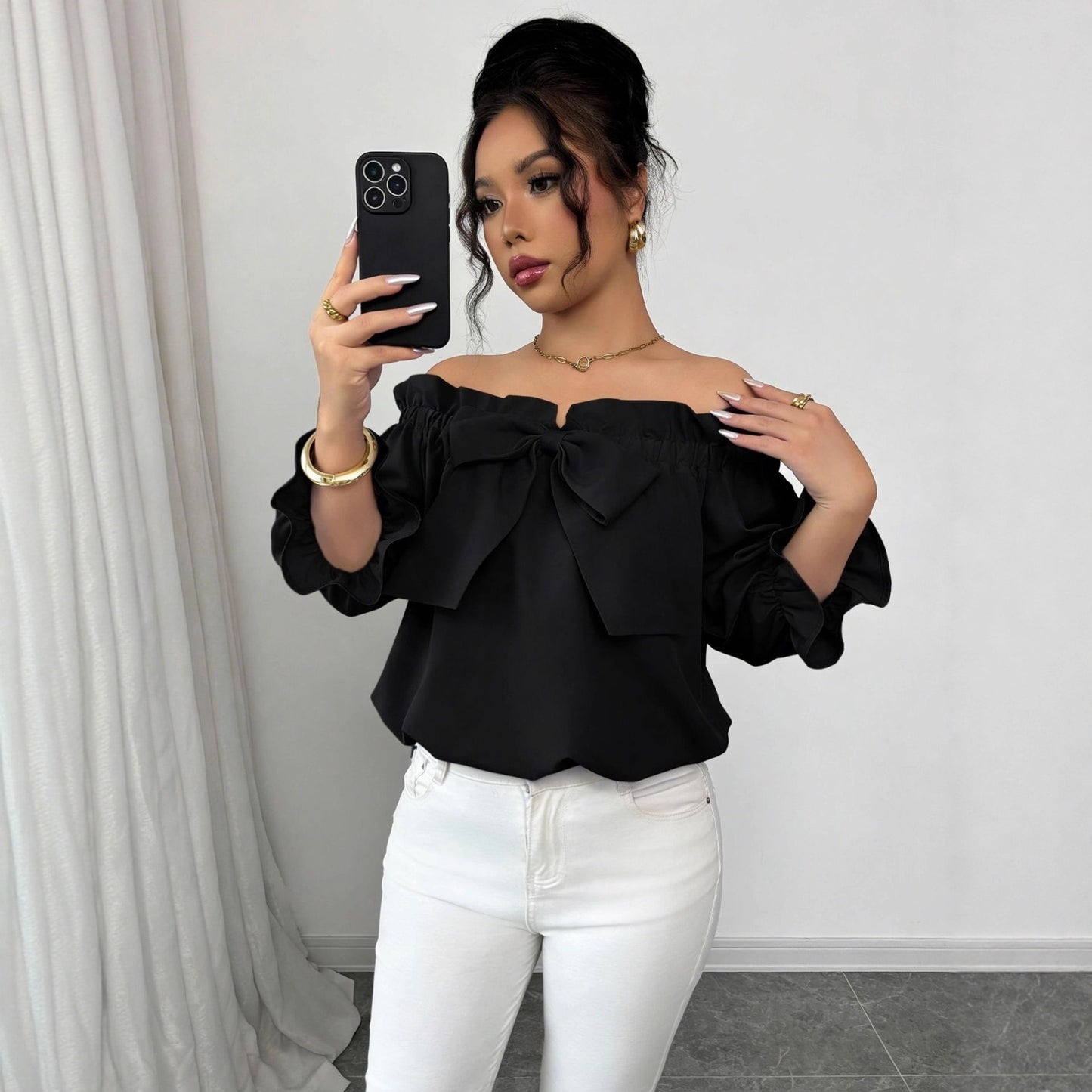 Womens Boat-neck Top With Ruffled Edges And A Bow Detail