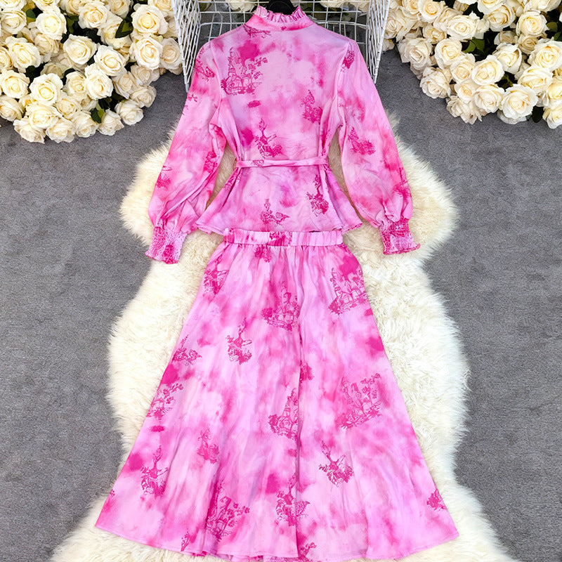 Printed Long-sleeved Top Skirt Suit Vacation Style