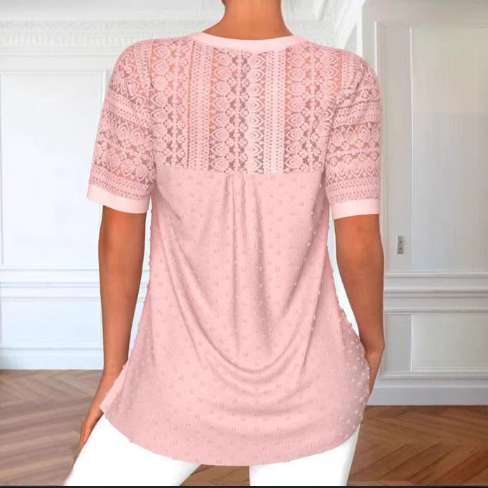 Fashion Round Neck Stitching Lace Short Sleeve