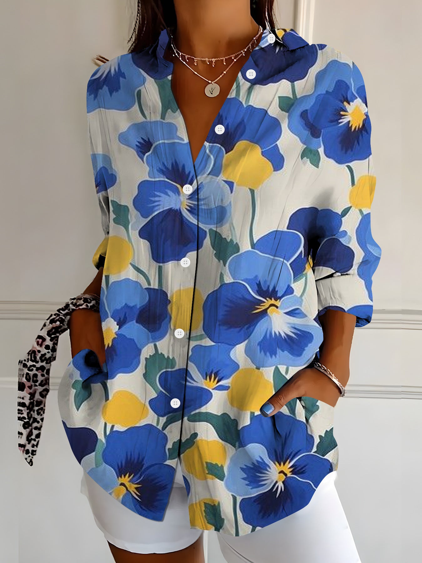 Womens Vibrant Colorful Floral-patterned Long-sleeve Shirt