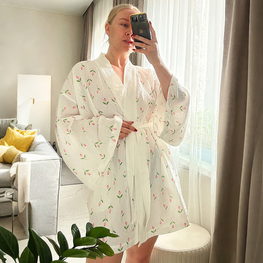 AutumnWinter Tulip-Print Long-Sleeve NightgownBathrobe
