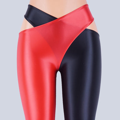 Glossy Leggings Patchwork Color Cross Open Crotch Pants