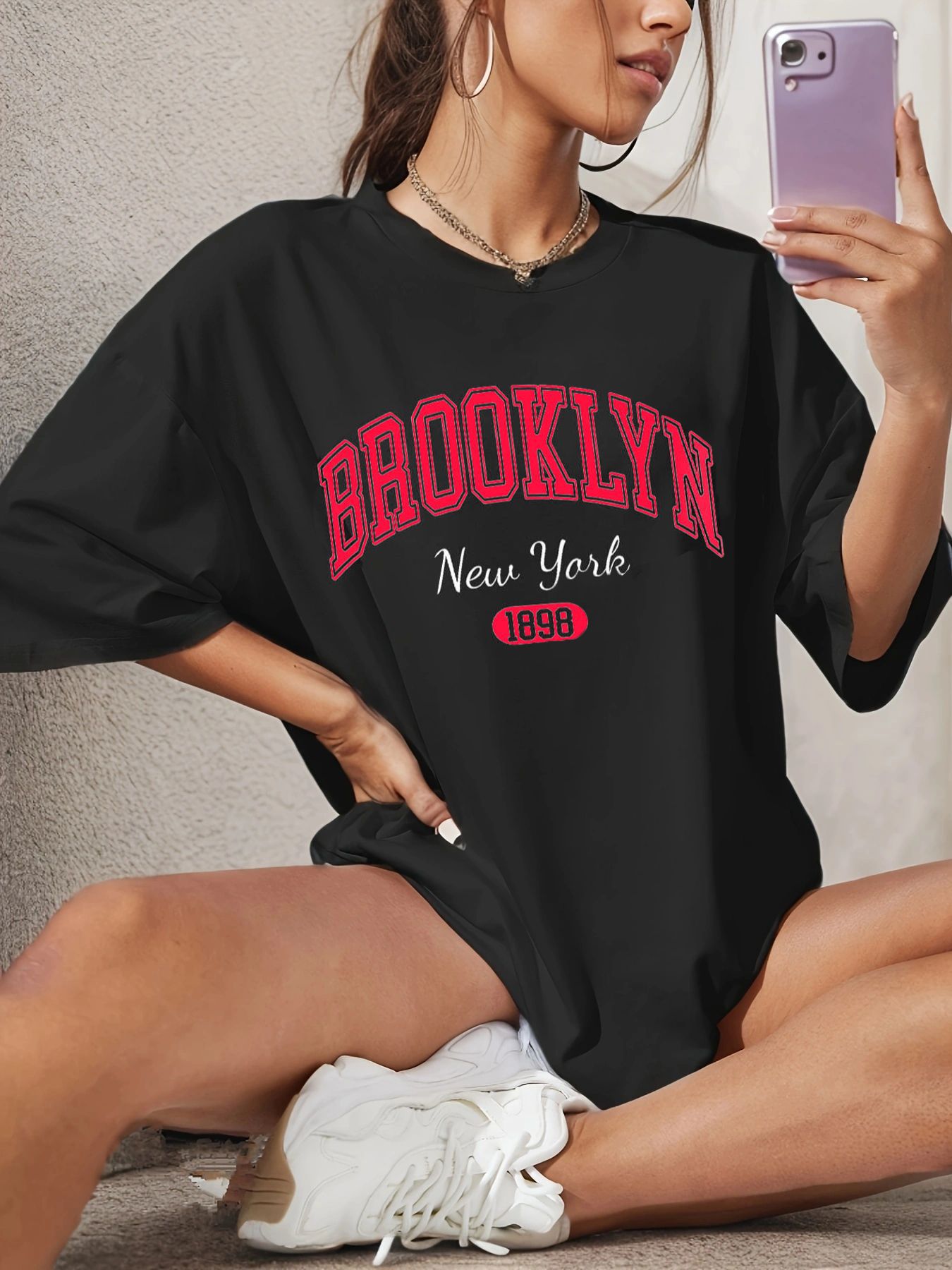 Printet T-shirt til kvinder med sænkede skuldre, sommer, mode, afslappet, kvindetop, "Idle Style"