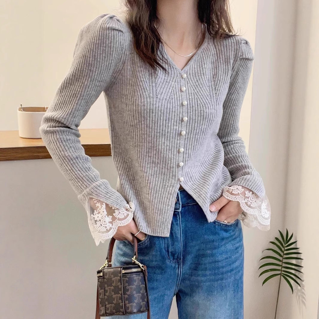 Korean Style Sense Of Design Long Sleeve Lace Splicing Knitwear