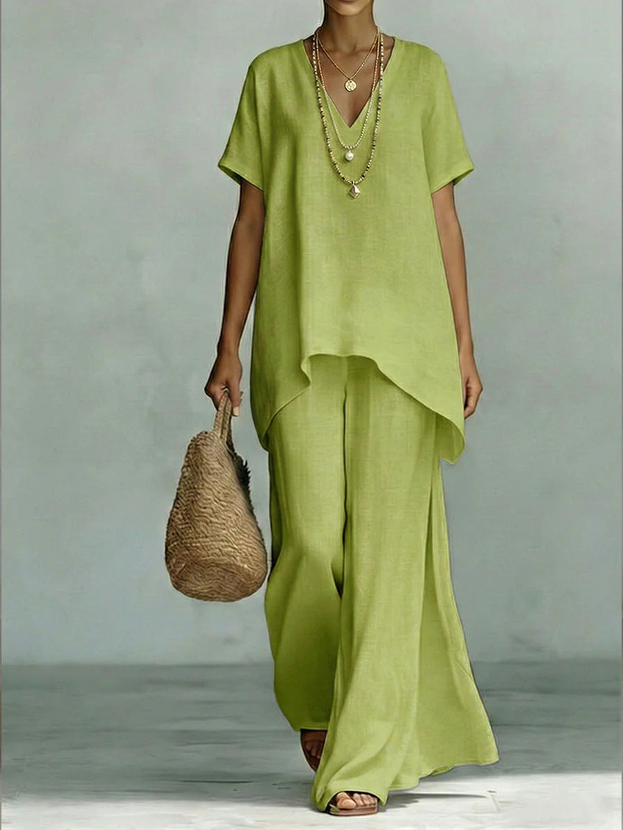 V-neck Short-sleeve Fashionable Loose Top And Wide-leg Pants Set