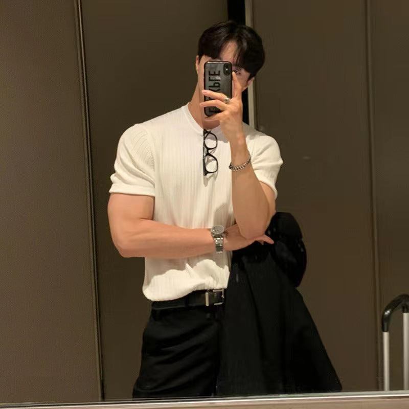 T-shirt Kortærmet Sweater Stræk Koreansk Stil Løs Amerikansk Stil Herretop