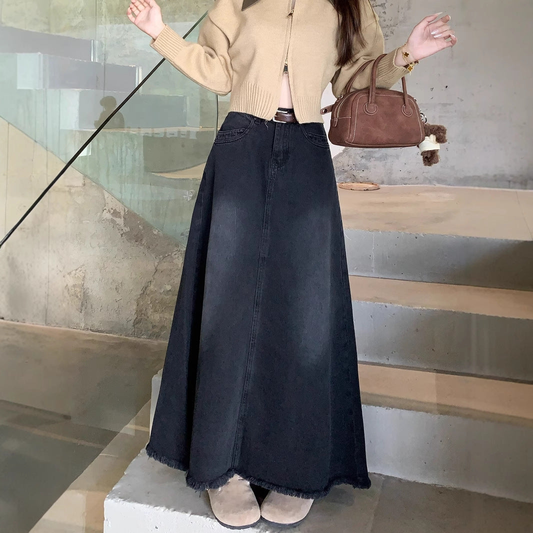 Spring And Autumn Korean Style High Waist Denim Midi Skirt Women's Retro Washed Frayed Edges