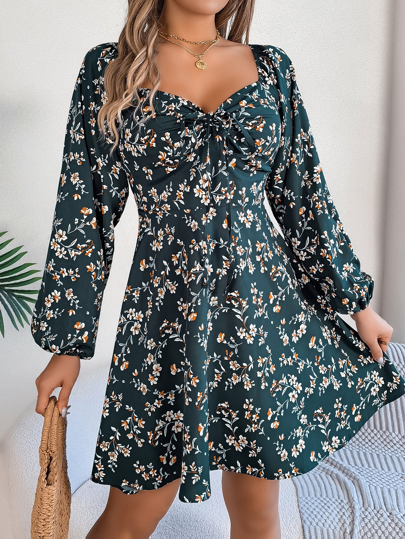 Women's Casual Sexy Tie Waist Square Neck Floral Print Long Sleeve A-Line Dress