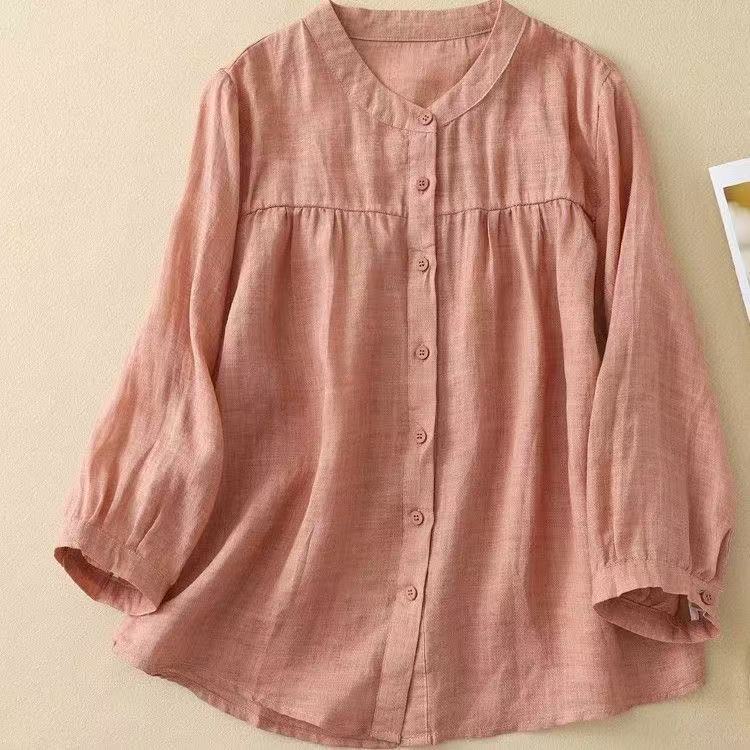 Casual Relaxed-fit Artistic Three-quarter-length Solid-color Shirt