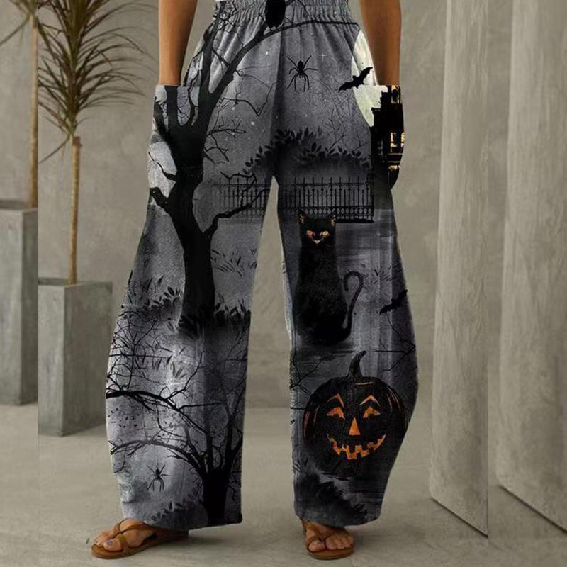Summer Retro Elements 3D Printed Wide-leg Trousers Elastic Waist Comfortable Home European And American
