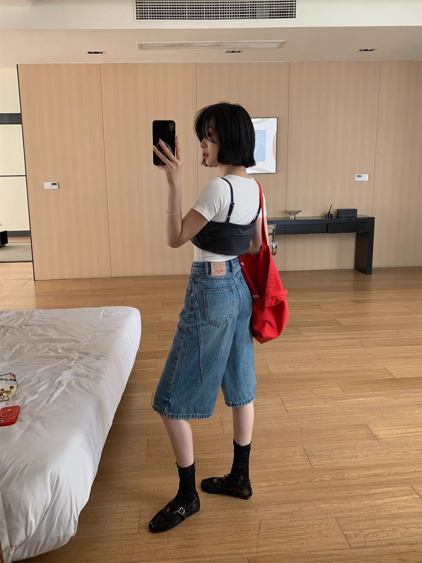 Retro High Waist Denim Water Blue Fifth Wide-leg Pants