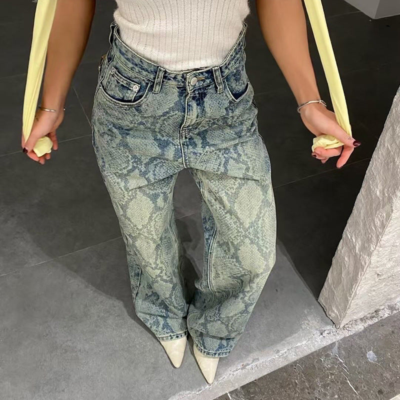 Women's American Style Spliced Snake Pattern Straight Leg Jeans