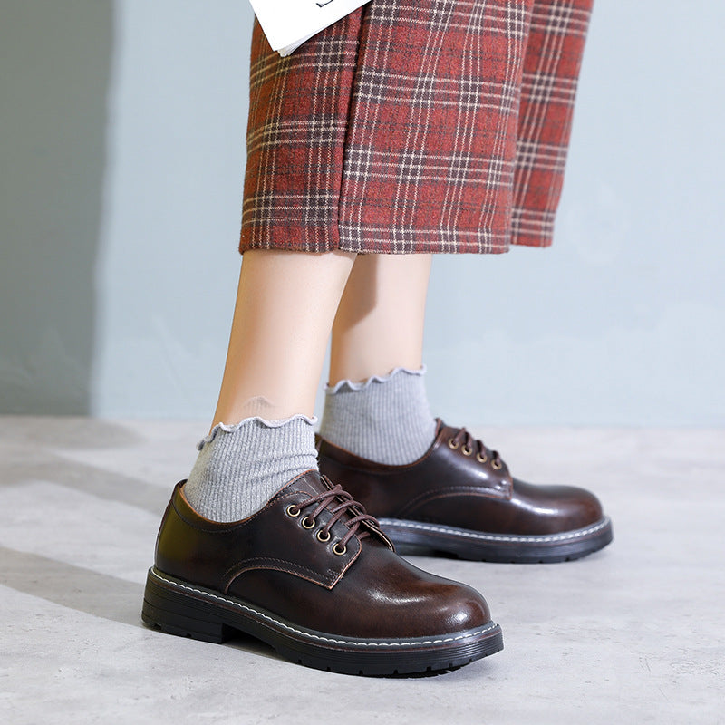 Fashion Little Leather Female Black Round Toe Retro Student Flat Shoes