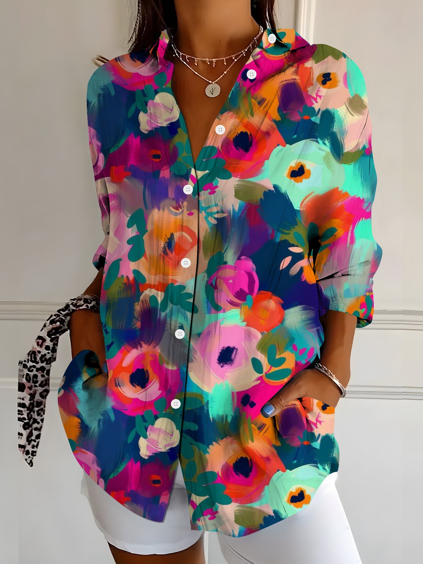 Womens Vibrant Colorful Floral-patterned Long-sleeve Shirt