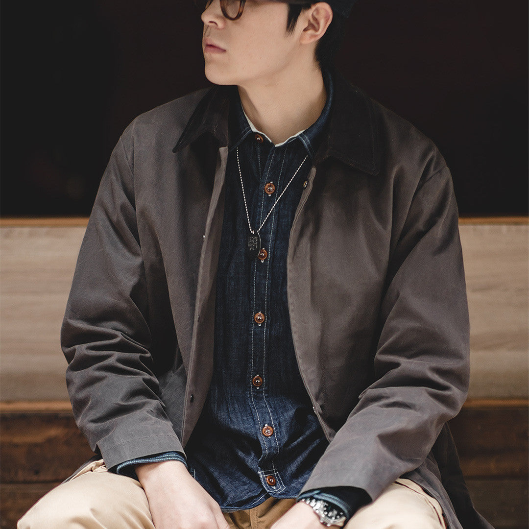 Tooling Retro Lapel Oil Wax Windbreaker Coffee Color