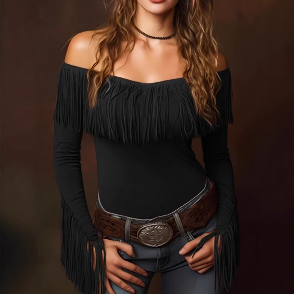 Fringed Top With Long Sleeves Vintage Form-fitting And Sexy